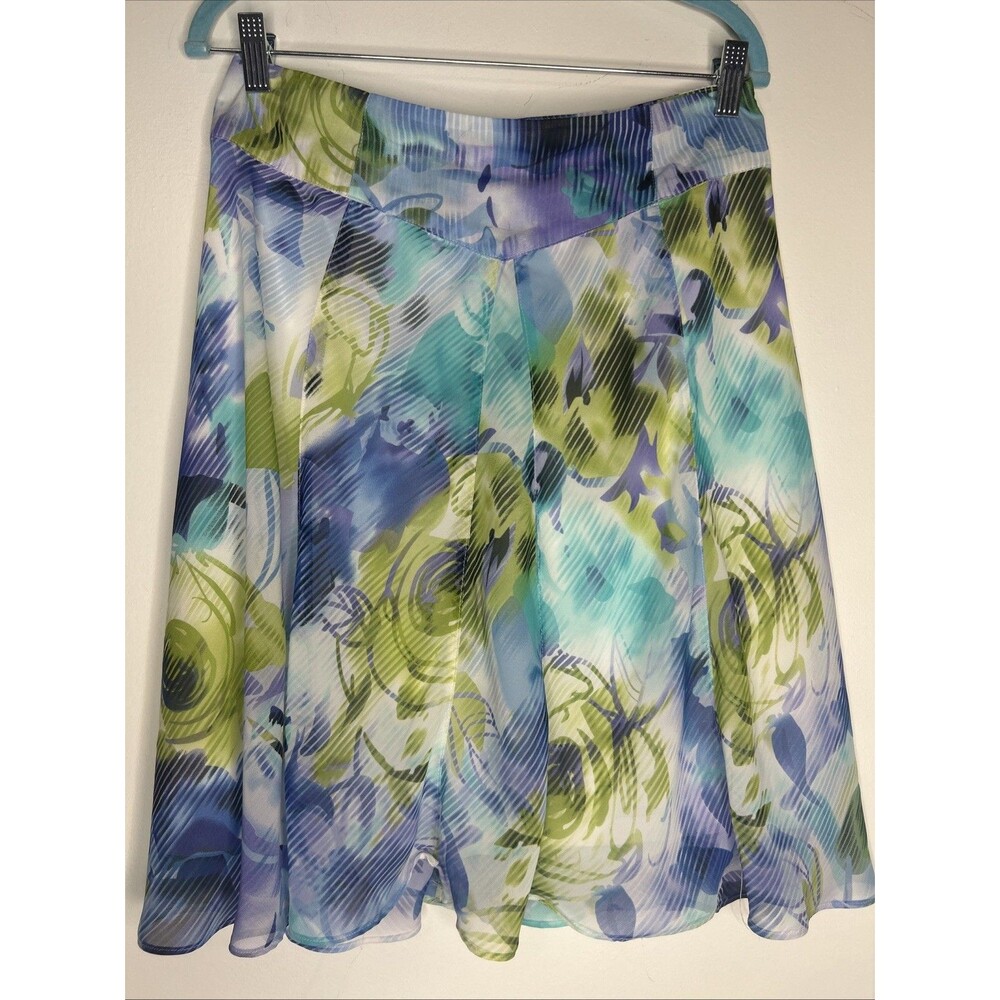 Vintage Sunny Leigh Y2K Blue Green Watercolor Abstract Chiffon Paneled Skirt 8